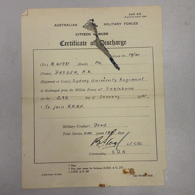 Henry Kelso Dryden Certificate Of Discharge From Australian Military