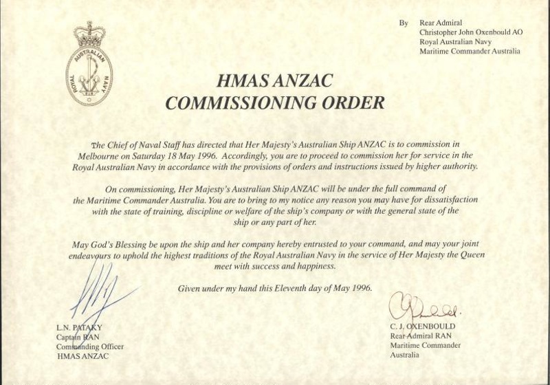 Commissioning Order Hmas Anzac Iii Royal Australian Navy