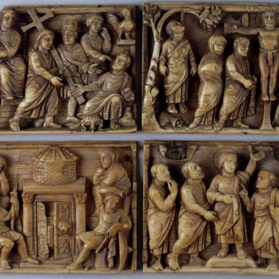 Casket made of four ivory panels carved with seven episodes from the life of Jesus, <a href="https://www.britishmuseum.org/collection/object/H_1856-0623-4"target="_blank">The British Museum, 1856,0623.4-7</a>
; 420-430; Rome; EXH2a-d: 1856,0623.4-7