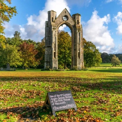 Walsingham Holy House, <a href="https://britishpilgrimage.org/wp-content/uploads/2020/04/Walsingham-Abbey-and-the-site-of-the-Holy-House-of-Nazareth-scaled.jpg/"target="_blank">Site of Holy House with Priory Ruins, Walsingham</a>; 11th c.; England; EXH95: Walsingham Holy House