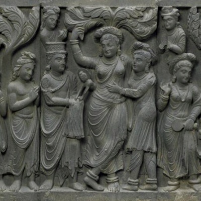 Schist panel showing the birth of the Buddha, <a href="https://asia.si.edu/object/F1949.9a-d/"target="_blank">National Museum of Asian Art, Smithsonian, F1949.9d</a>; Late 2nd to early 3rd century; Gandhāra; EXH1a: F1949.9a