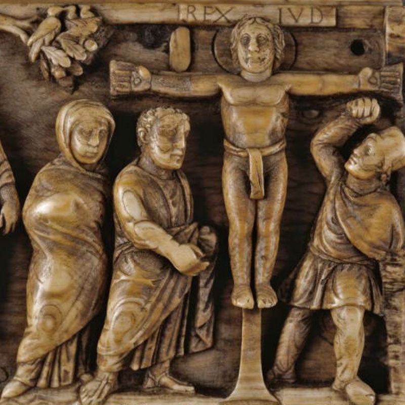 Panel showing the crucifixion of Jesus and the suicide of Judas,