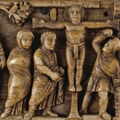 Panel showing the crucifixion of Jesus and the suicide of Judas, <a href="https://www.britishmuseum.org/collection/object/H_1856-0623-5"target="_blank">The British Museum, 1856,0623.5</a>; 420-430; Rome; EXH2b: 1856,0623.5