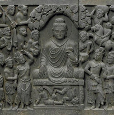 Schist panel showing the enlightenment of the Buddha, <a href="https://asia.si.edu/object/F1949.9a-d/"target="_blank">National Museum of Asian Art, Smithsonian, F1949.9d</a>; Late 2nd to early 3rd century; Gandhāra; EXH1b: F1949.9b