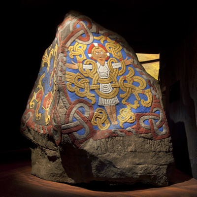 The Jelling Stone, <a href="https://en.natmus.dk/historical-knowledge/denmark/prehistoric-period-until-1050-ad/the-viking-age/the-monuments-at-jelling/the-jelling-stone/"target="_blank">The National Museum of Denmark, Jelling II, Rundata DR 42</a>; c. 965; Jelling; EXH8: Jelling II, Rundata DR 42