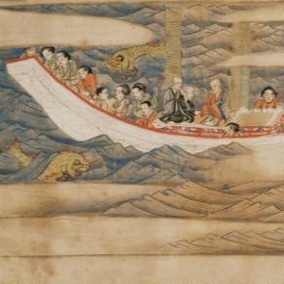 <i>Tōseiden emaki) 東征伝絵巻</i>: Illustrated scroll of Jianzhen's mission to Japan, <a href="https://www.rekihaku.gifu.gifu.jp/cn/exhibition/event/voyages2021/"target="_blank">Tōshōdaiji (唐招提寺), Japan</a>; 1298; Japan; EXH98: Japan ICP
