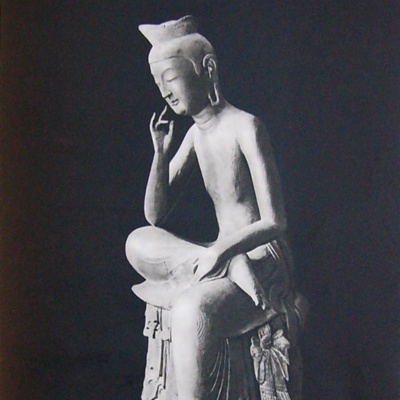 Pensive bodhisattva in Japan, possibly made in Korea, <a href="https://en.wikipedia.org/wiki/K%C5%8Dry%C5%AB-ji"target="_blank">Kōryūji NT</a>; 7th century; Korea; EXH29: Japan NT Kōryūji