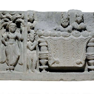 The Buddhist Distribution of the Relics, <a href="https://www.britishmuseum.org/collection/object/A_1966-1017-1"target="_blank">The British Museum, 1966,1017.1</a>; 1st to 2nd century; Swat; EXH74: 1966,1017.1