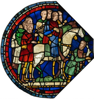 Canterbury Pilgrims Stained Glass, <a href="https://www.medievalists.net/2018/09/discovery-earliest-known-image-pilgrims-canterbury/"target="_blank">Canterbury Cathedral</a>
; 1180s; England; EXH100: Miracle windows