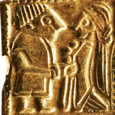 Miniature gold amulet with a couple from traditional beliefs, <a href="https://samlingar.shm.se/object/65280DFC-3EA7-408D-82F0-20CA249050D9"target="_blank">Swedish History Museum 111325-HST</a> ; 550–800; EXH35: 111325-HST