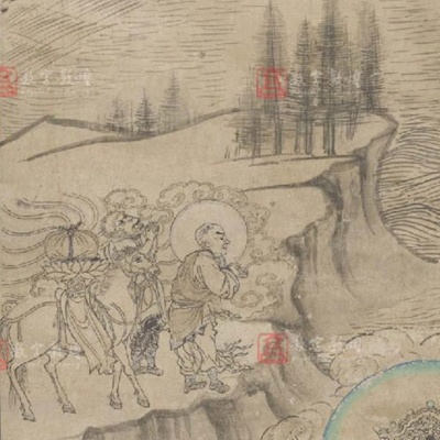 Mural of Xuanzang (玄奘), <a href="https://www.e-dunhuang.com/cave/10.0001/0001.0002.0003"target="_blank">Yulin cave 3</a>
; 1038–1227; Central Asia; EXH101: Yulin cave 3