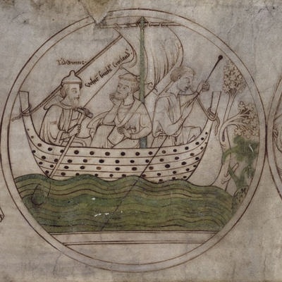 St Guthlac sailing to Crowland, <a href="https://picryl.com/media/guthlac-sails-to-crowland-from-bl-harley-roll-y6-roundel-3-1393d1/"target="_blank">The British Library, Harley Roll Y6, f.5</a>; 13th c.; England; EXH97: Harley Roll Y6, f.5