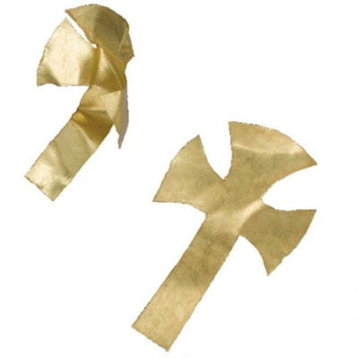 Prittlewell Gold Foil Crosses, <a href="https://www.southendmuseums.co.uk/princely-burial?pgid=jvs7u6z5-17baf9e9-3c25-11ea-be76-063f49e9a7e4"target="_blank">Southend Museum A2019.6.9-10</a>; 580; EXH121: A2019.6.9-10