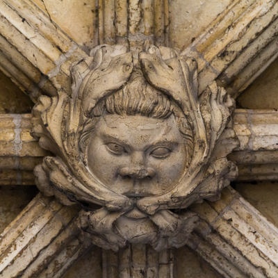 Foliate Head or 'Green Man' in <a href="https://www.cathedral.org.uk/"target="_blank">Norwich Cathedral</a>; 15th century; EXH34: Green Man