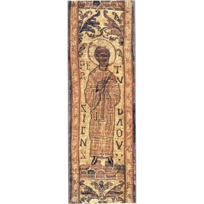 Embroidered maniple from St Cuthbert's Tomb, <a href="https://www.durhamcathedral.co.uk/heritage/collections/st-cuthbert-treasures"target="_blank">Durham Cathedral, DURCL 5.4.60</a>; 10th century; EXH67: DURCL 5.4.60