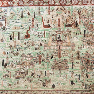 The pilgrimage site of Wutaishan (五台山), <a href="https://www.e-dunhuang.com/cave/10.0001/0001.0001.0061"target="_blank">Mural of Mount Wutai, Dunhuang Mogao 61, west wall</a>; 10th c.; Dunhuang; EXH90: Dunhuang Cave 61, West Wall
