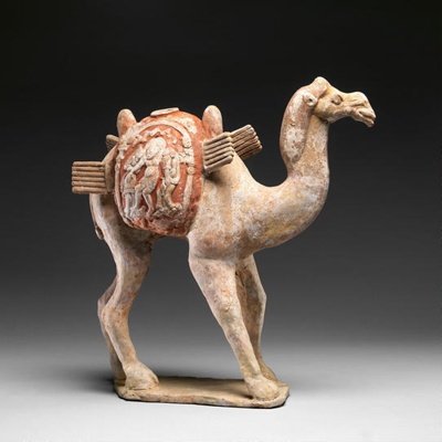 Bactrian Camel Sculpture, <a href="https://www.metmuseum.org/art/collection/search/53630/"target="_blank">Camel with decorated saddle bag</a>; 6th-7th c.; China; EXH102: Rogers Fund 2000.8