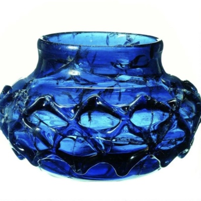 Prittlewell Blue Glass Bowls, <a href="https://anglosaxonessex.co.uk/2023/07/12/st-marys-church-prittlewell/"target="_blank">Southend Museum SOUMS:A2019.6.2-3</a>; 6th c.; England; EXH122: SOUMS:A2019.6.2-3