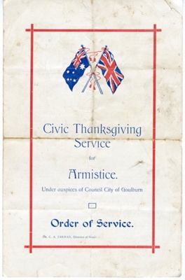 Civic Thanksgiving Service for Armistice, Order of Service, Goulburn; c. 1920s; 2024.949