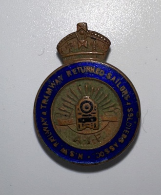 NSW Railway & Tramway Sailors and Soldiers AIF Ex Services Association Lapel Badge; Angus & Coote Jewellers; c. 1918; 2025.962