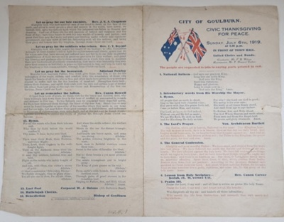 Civic Thanksgiving For Peace; A. Johnstone, Goulburn; 6th July 1919; 2025.923.1