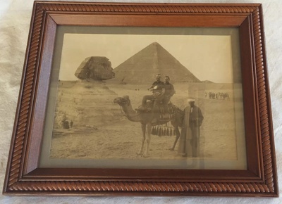 2 Diggers on a camel with the Great Pyramid, Egypt in the background.; Unknown; c 1914-1918; 2025.965