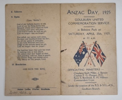 Souvenir Programme of Anzac Day, 1925, Goulburn United Commemoration Service in Belmore Park on Saturday, April 25th, 1925 at 11a.m.
; James Lock, Printer, Goulburn; 25th April 1925; 2025.923.4