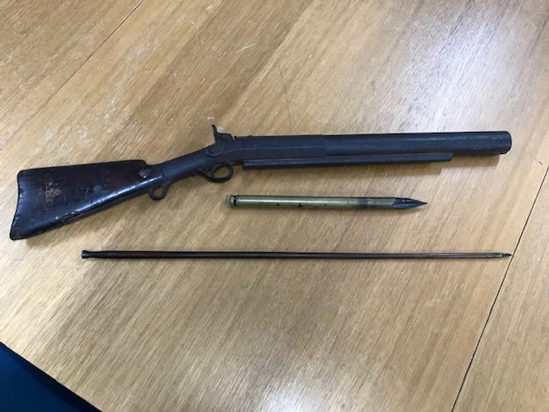 Bomb lance gun with calico case, brass, timber, calico, leather, Kiah ...