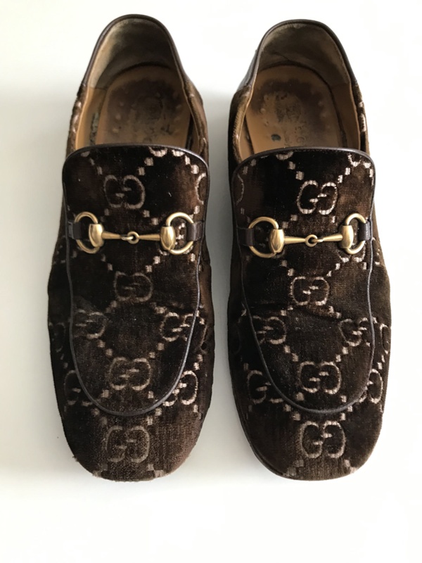 Gucci monogram loafers in suede with horsebit gold link across the ...