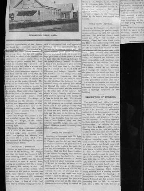 A newspaper clipping, Opening of Dunsandel Hall, Ellesmere Guardian Oct