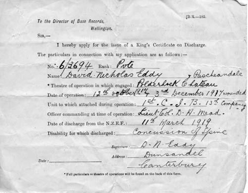 David Nicholas Eddy, WW1, Discharge paper, ex David Eddy; DHS1518 eHive