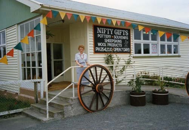 Pam Frampton with Gift Shop ex Post Office, Dunsandel in 1990, ex