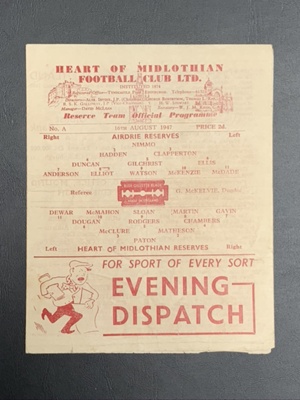 Programme: Hearts Reserves v Airdrie Reserves 1947/8 Scottish Reserve ...