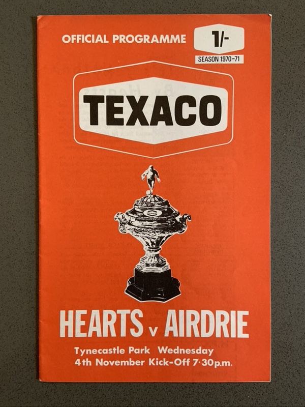 Programme Hearts v Airdrie 1970/1 Texaco Cup ; Heart of Midlothian FC