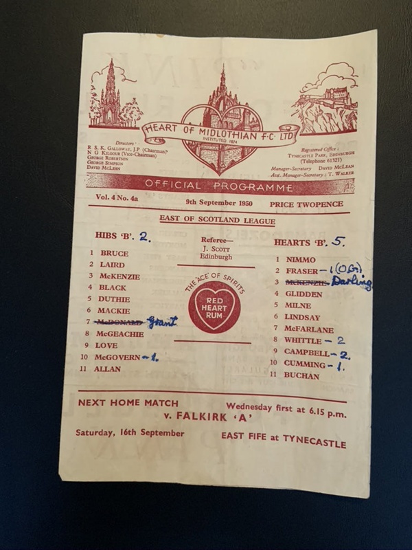 Programme: Hearts B V Hibernian B 1950/51 East Of Scotland League ...