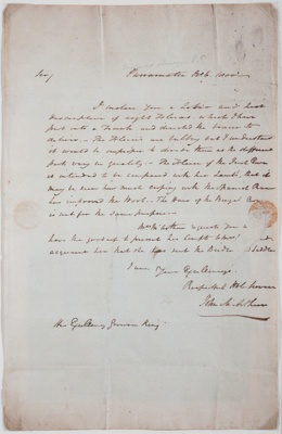 Letter addressed to Governor King, signed by John Macarthur; John Macarthur - Author; 1800; SF000086