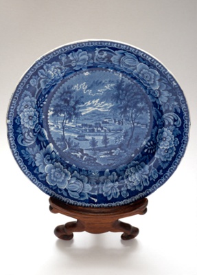 'Hobart Town', Staffordshire earthenware plate with blue & white transfer pattern; George William Evans - Artist; c1825; SF001137