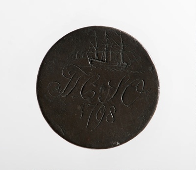 Convict love token stamped with the initials JH and SO; Johanna Hore - Maker; 1798; SF000824 Convict love token stamped with the initials JH and SO; Johanna Hore - Maker; 1798; SF000824