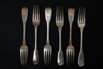 Set of six sterling silver fiddleback forks, belonging to the Bligh family; Christopher Barker - Silversmith; 1802; SF000706