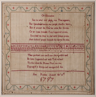 18th-century hand embroidered sampler; Ann Rusden - Maker; 1797; SF000704 18th-century hand embroidered sampler; Ann Rusden - Maker; 1797; SF000704