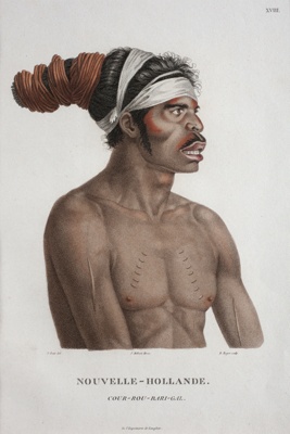 Hand coloured portrait of the Port Jackson warrior Cour-rou-bari-gal after the original by Nicolas Martin Petit; Nicholas Martin Petit - Artist; 1807; SF000789