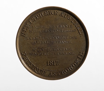 Silver medal struck to commemorate the sailing of the URANIE expedition from Toulon in 1817 under Freycinet; Puymaurin & Andrieu - Engraver; 1817; SF000697