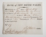 Printed subscription receipt – Bank of New South Wales; D'Arcy Wentworth - Author/Maker; 1817; SF001464