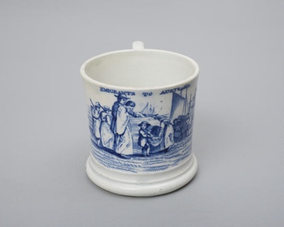 ‘Emigrants to Australia’, Pearlware child’s mug; Davenport Factory; c1830; SF001690