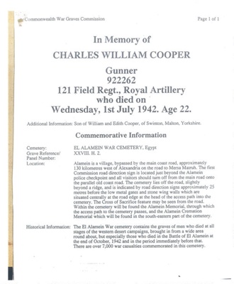 Internet source - C.W.G.C. in memory of Charles William Cooper - R.A. - killed 01/07/1942; 1/07/1942; 35352 Internet source - C.W.G.C. in memory of Charles William Cooper - R.A. - killed 01/07/1942; 1/07/1942; 35352