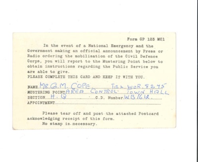 Civil Defence Corps mustering card - Mr G.M. Cope - West Sussex Division; 35021