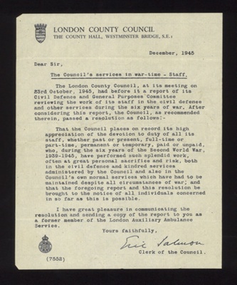 Letter - London county council - "The council's services in war-time" - December 1945; 1/12/1945; 5575