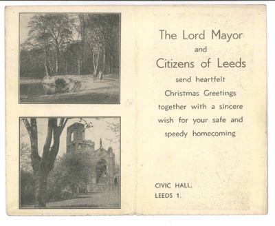 Christmas card - from the Lord Mayor and Citizens of Leeds - Christmas 1944 - sent to serving members of the Armed Forces; 25/12/1944; 36667