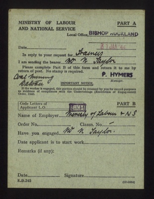 Employment exchange card (green) - Ministry of Labour & National Service - Bevin boy Mr. N. Taylor to report to coalmining training centre - Horden - 31/01/1944; 31/01/1944; 6128