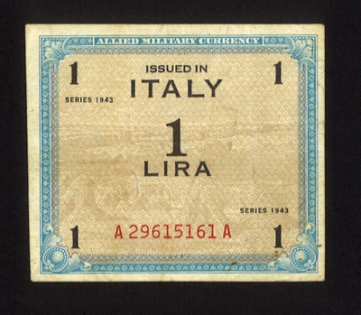 Bank note - Allied military currency - one lira - issued in Italy - 1943; 1/01/1943; 6107